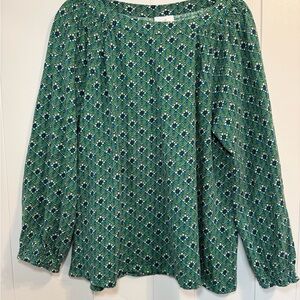 J. Jill Blue and Green Patterned Smocked Blouse Woman’s Size Extra Large